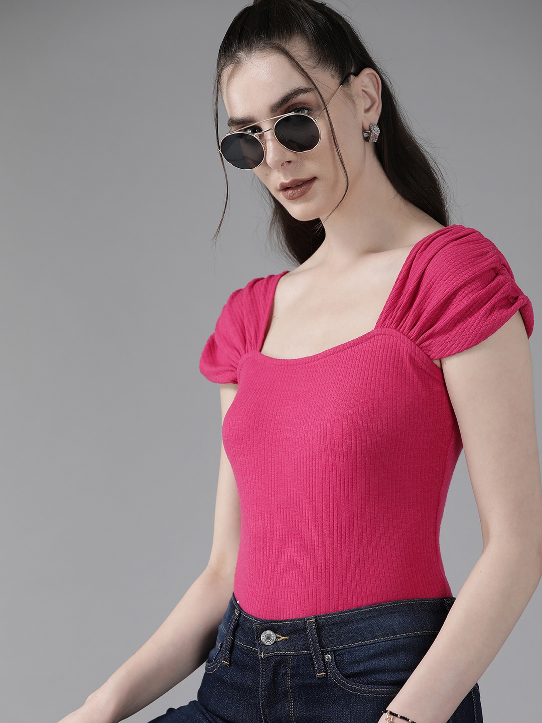 

Roadster Solid Puff Sleeve Top, Pink