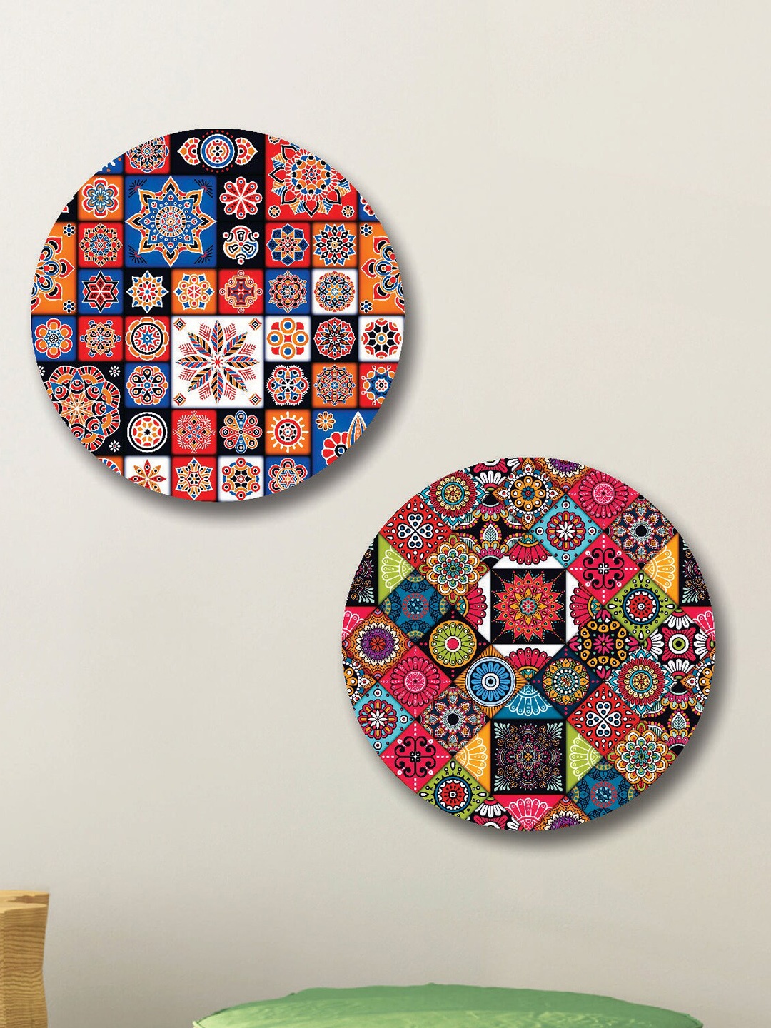 

SAF Orange Coloured & Blue 2 Pieces Mandala Flower Painted Round Wall Art
