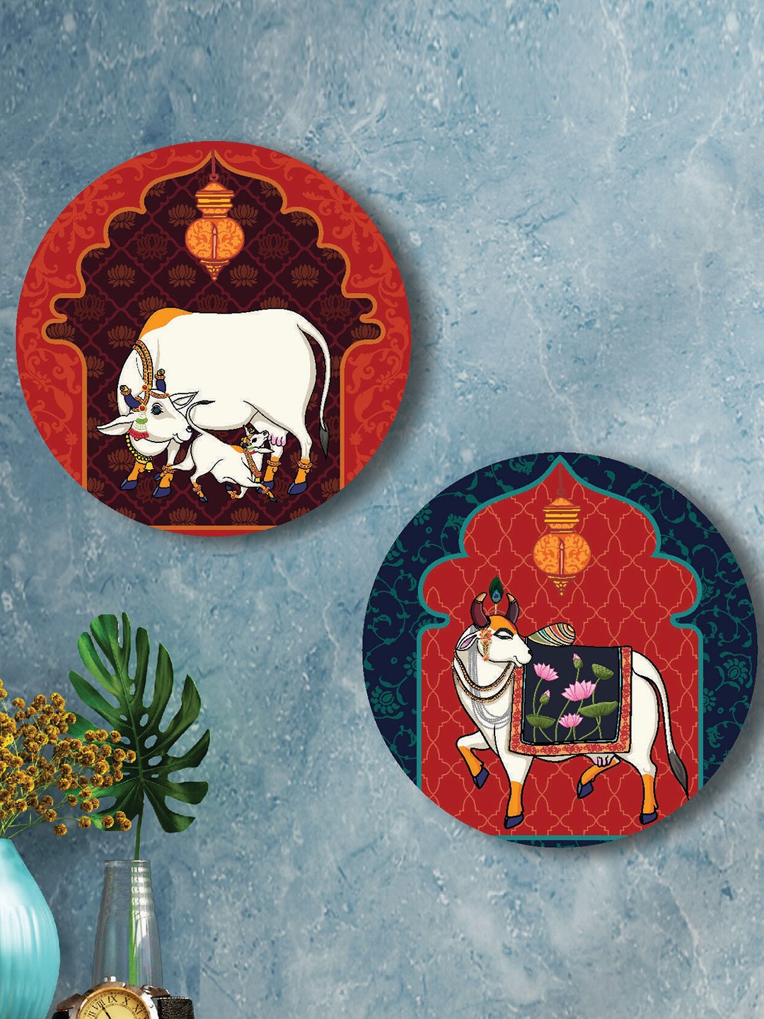 

SAF Red & Blue 2-Pieces Pichwai Cow Printed Round Wall Art