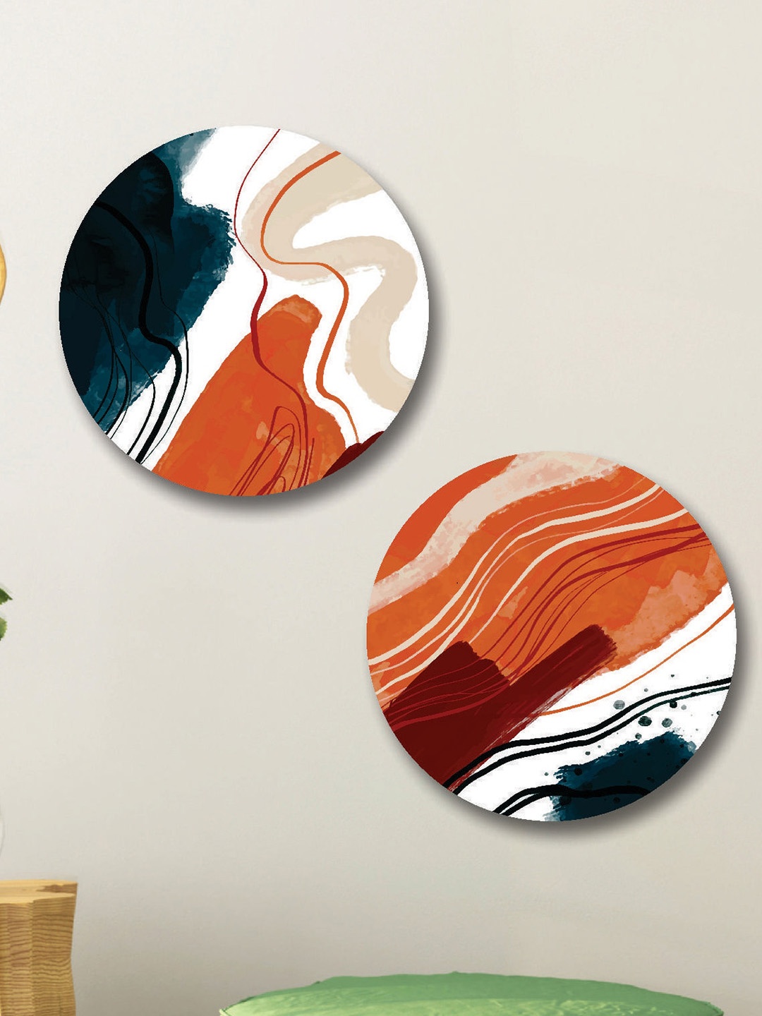 

SAF White & Orange Colored 2-Pieces Abstract Printed Round Wall Art