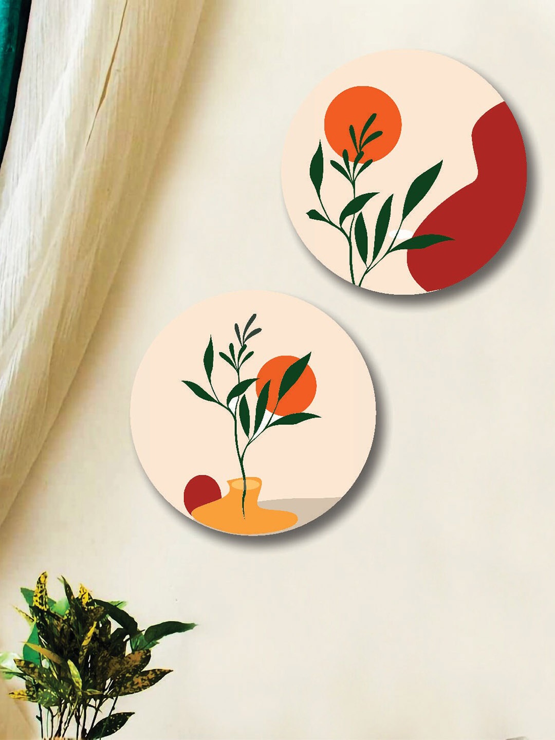 

SAF Beige & Red 2 Pieces Abstract Leaves Framed Painting Wall Arts