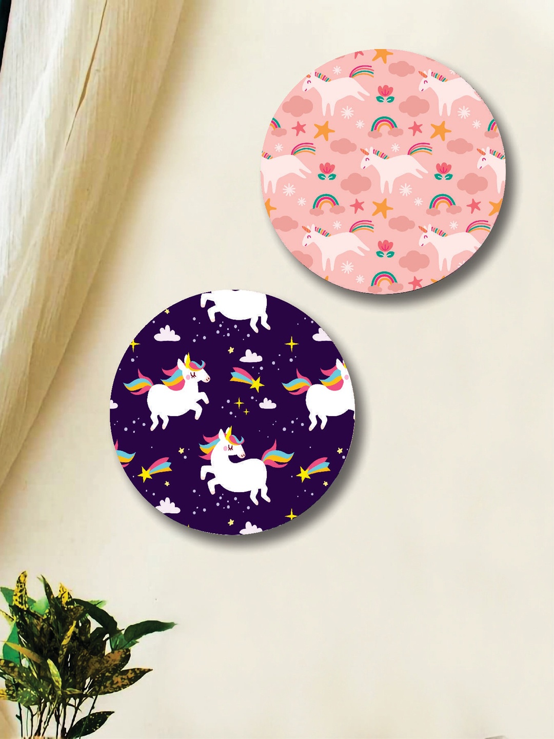 

SAF Purple & Pink 2 Pieces Unicorn Round Shape Framed Painting Wall Art