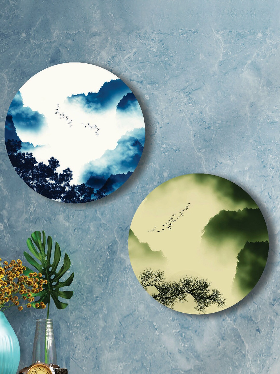 

SAF Green & White 2 Pieces Sky & Tree Round Shape Framed Painting Wall Art