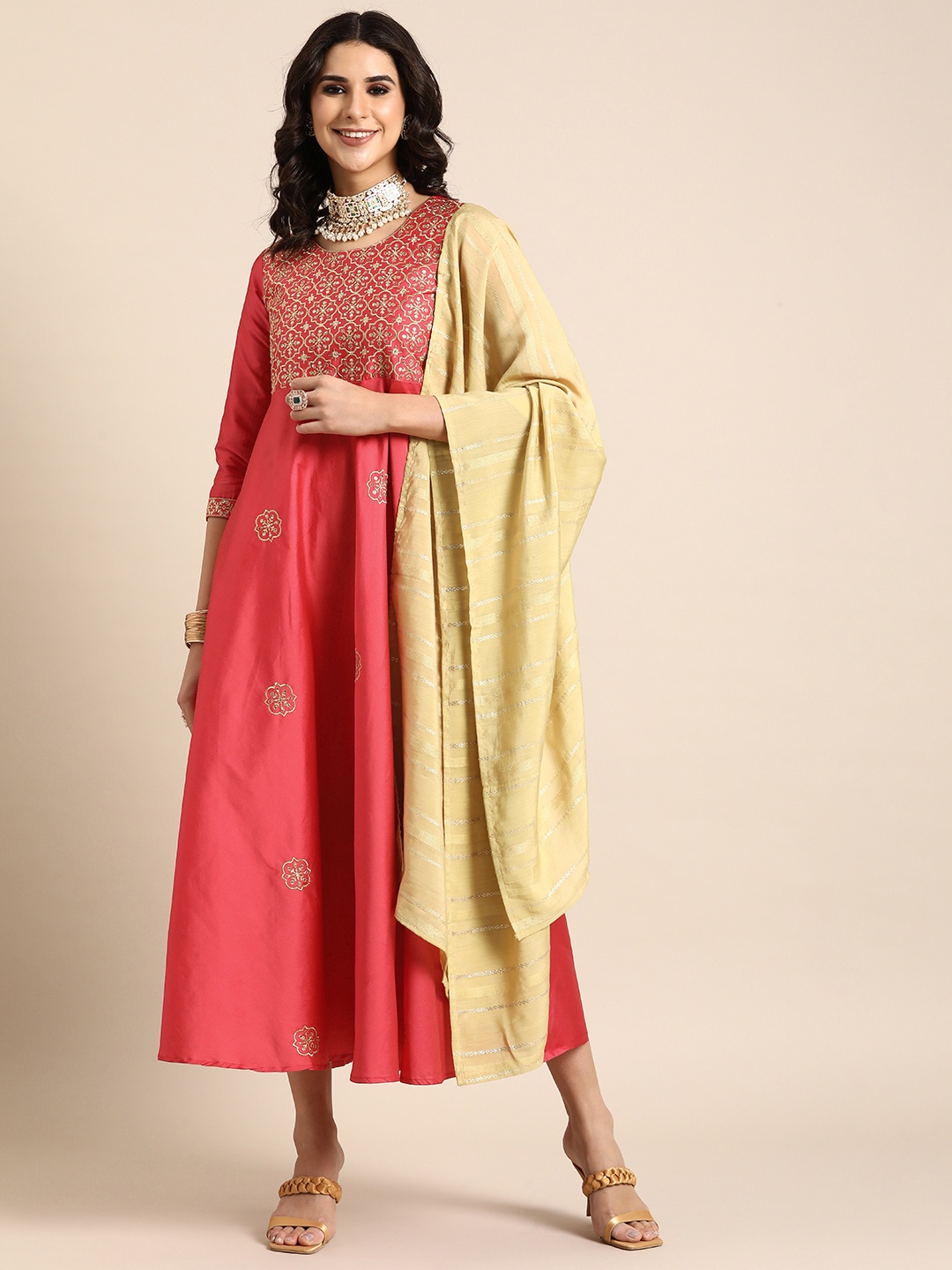 

Sangria Tafeta Embroidered Ethnic Dress With Dupatta, Red