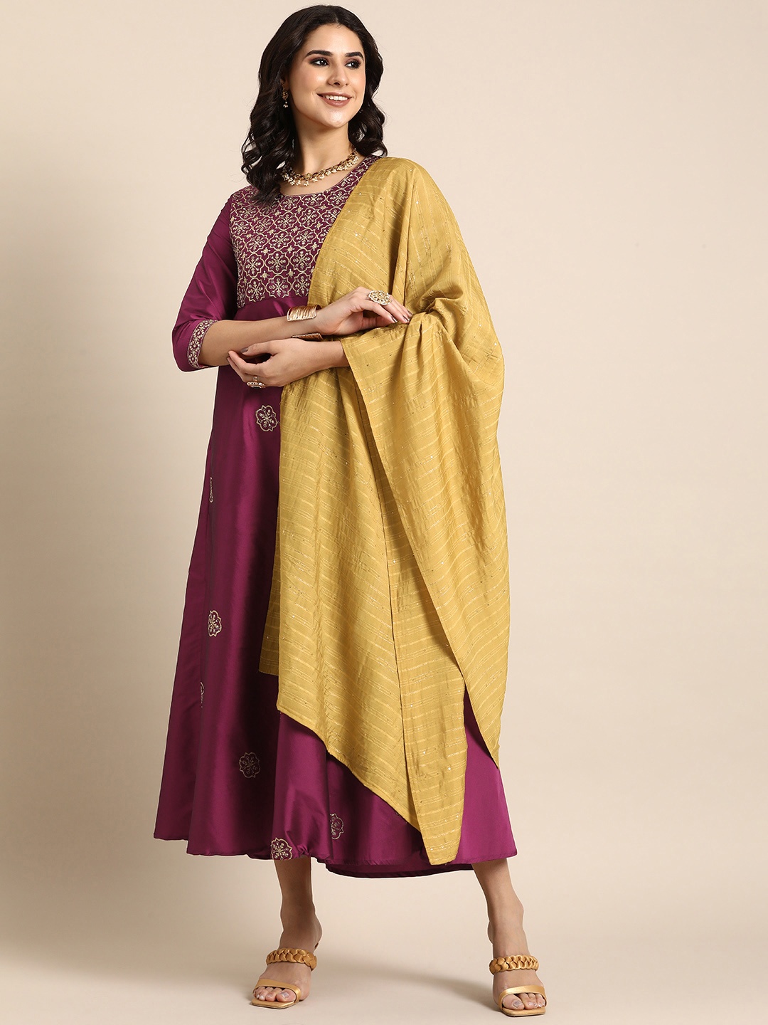 

Sangria Tafeta Embroidered Ethnic Dress With Dupatta, Fuchsia