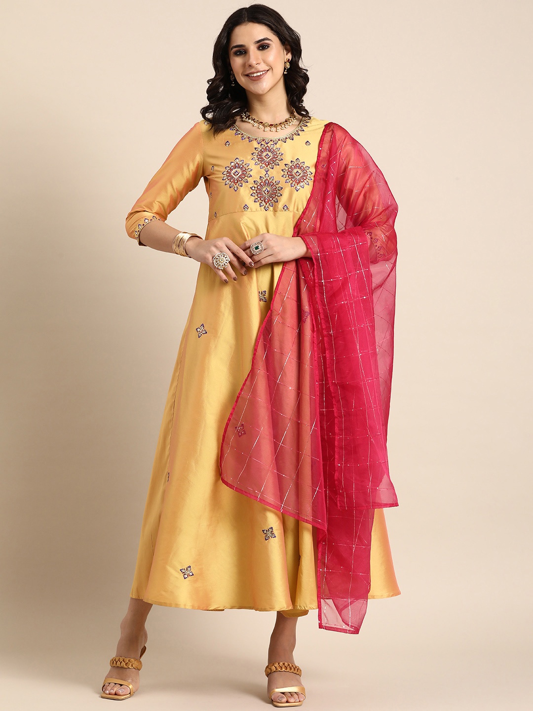 

Sangria Tafeta Embroidered Ethnic Dress With Dupatta, Mustard