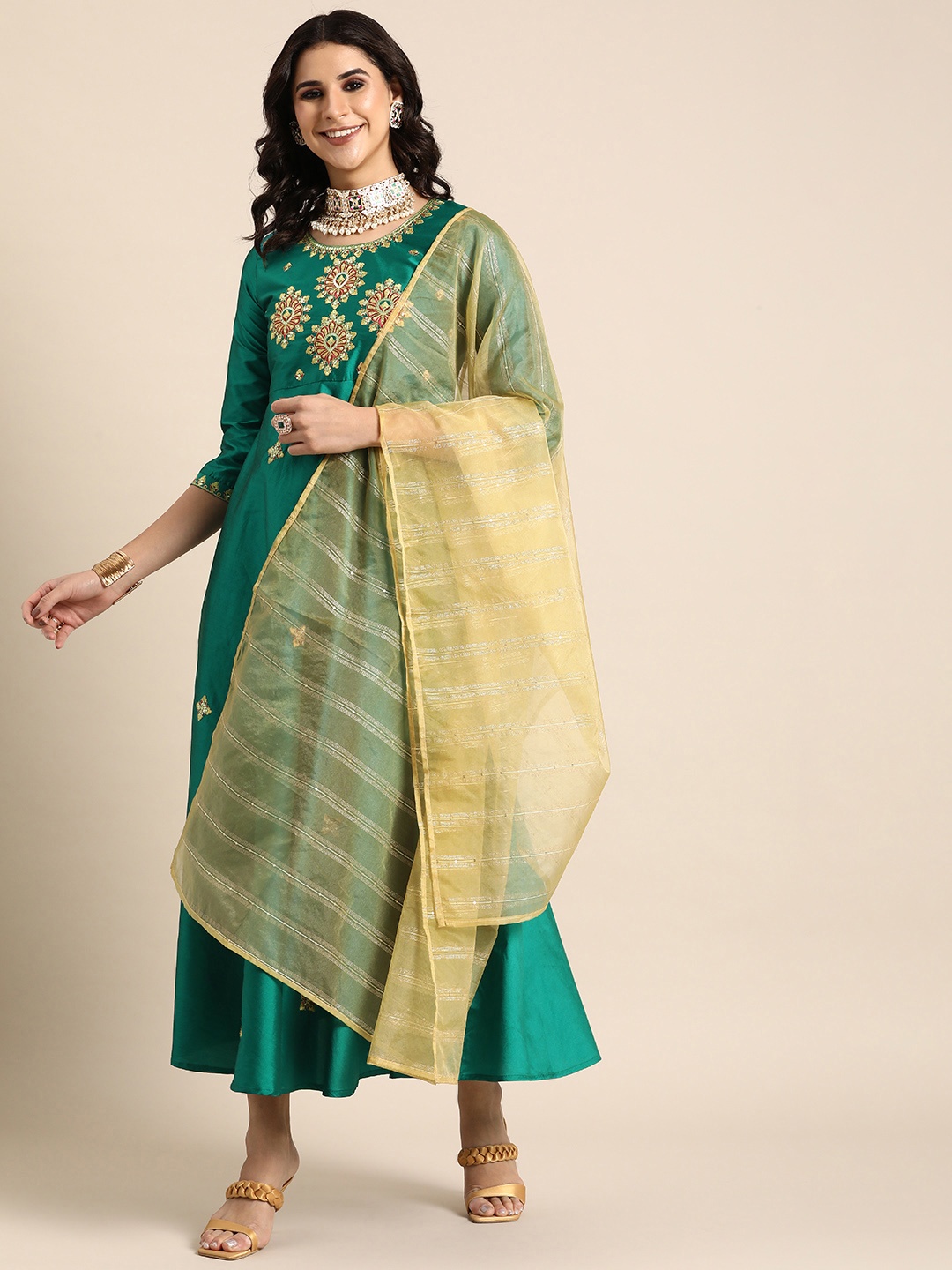 

Sangria Tafeta Embroidered Ethnic Dress With Dupatta, Teal