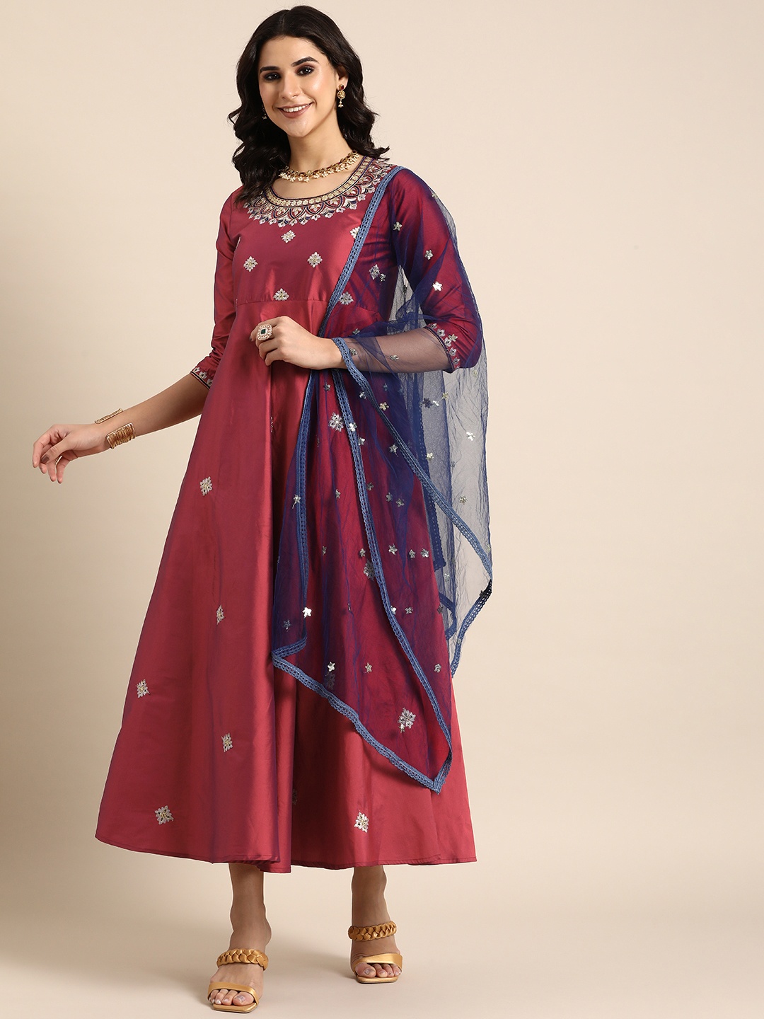 

Sangria Tafeta Embroidered Ethnic Dress With Dupatta, Maroon
