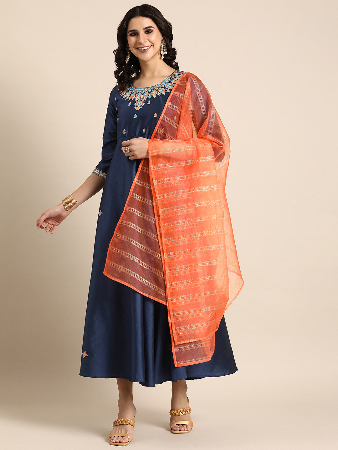 

Sangria Tafeta Embroidered Ethnic Dress With Dupatta, Navy blue