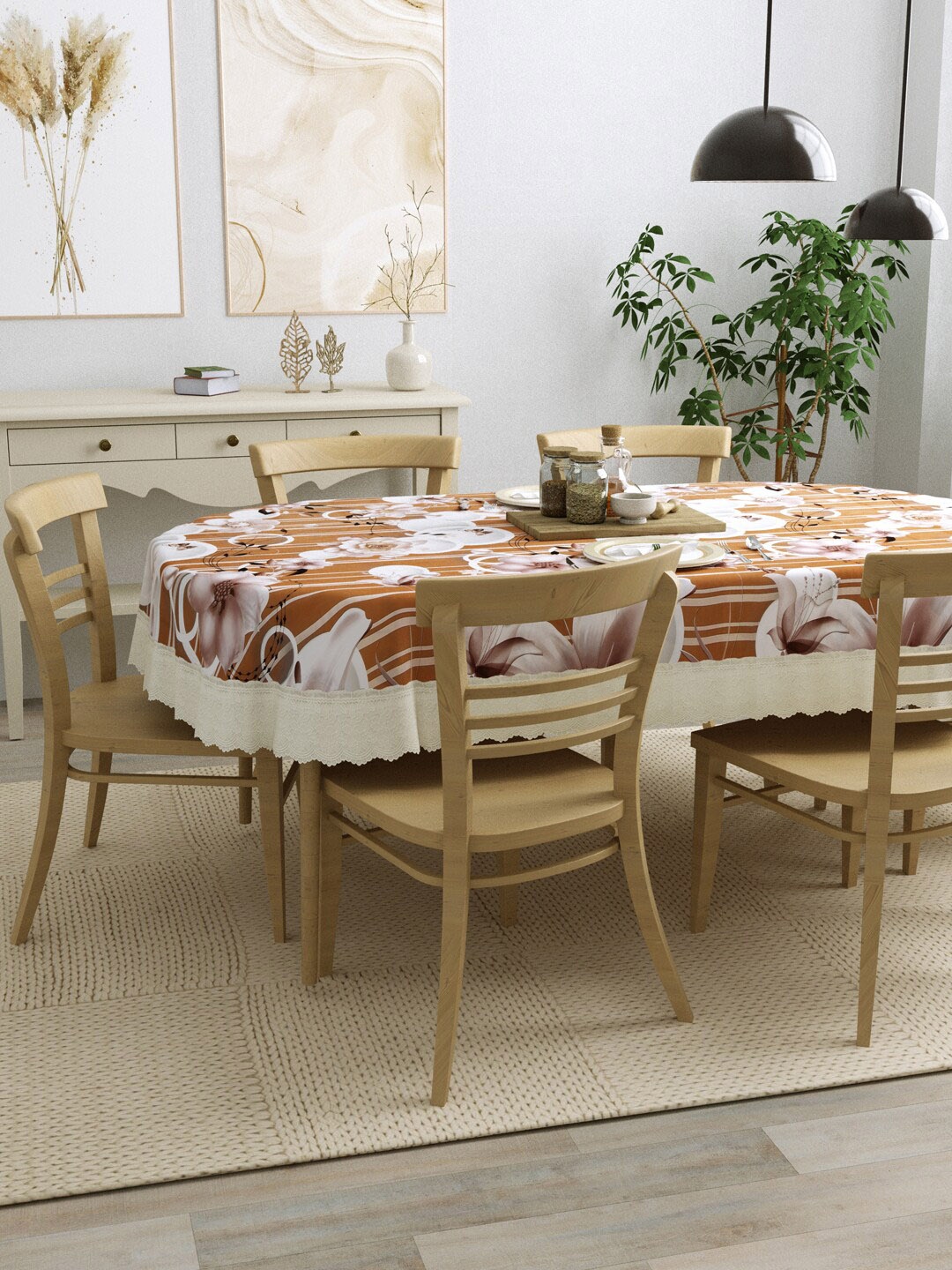 

Clasiko Brown & White Floral Printed Oval Shaped 6-Seater Dining Table Cover