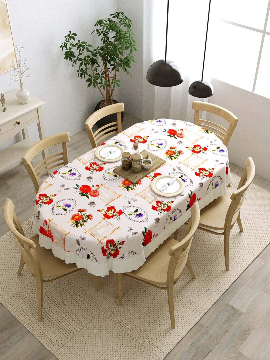 

Clasiko Off-White & Red Floral Printed Oval Shaped 6-Seater Table Cover