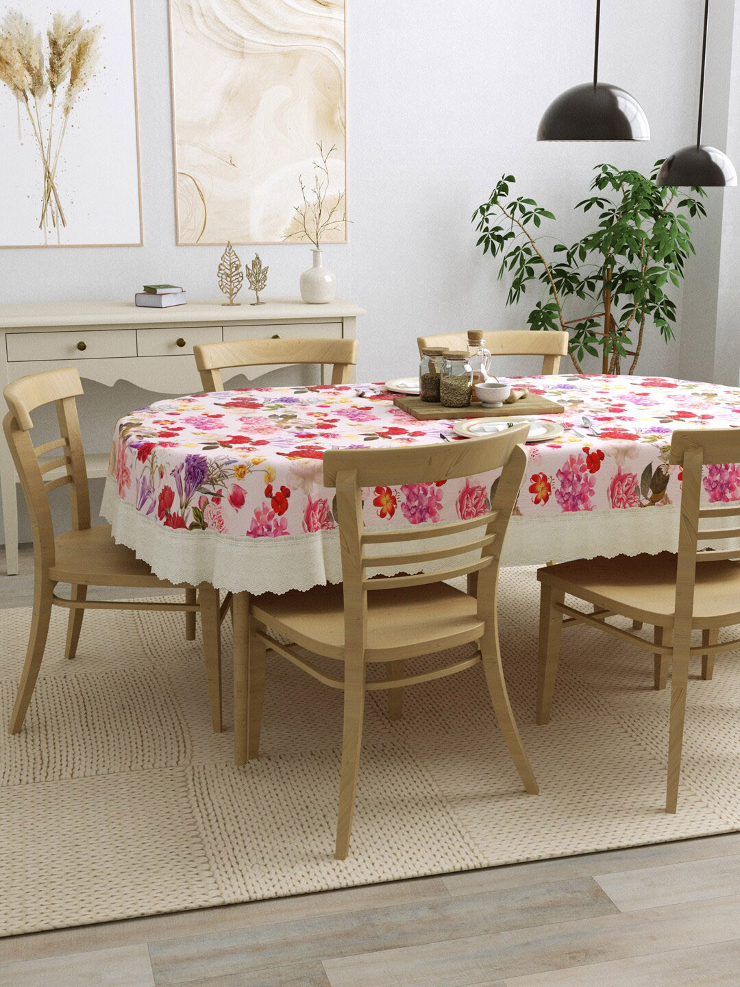 

Clasiko Pink & White Floral Printed Oval Shaped 6-Seater Dining Table Cover