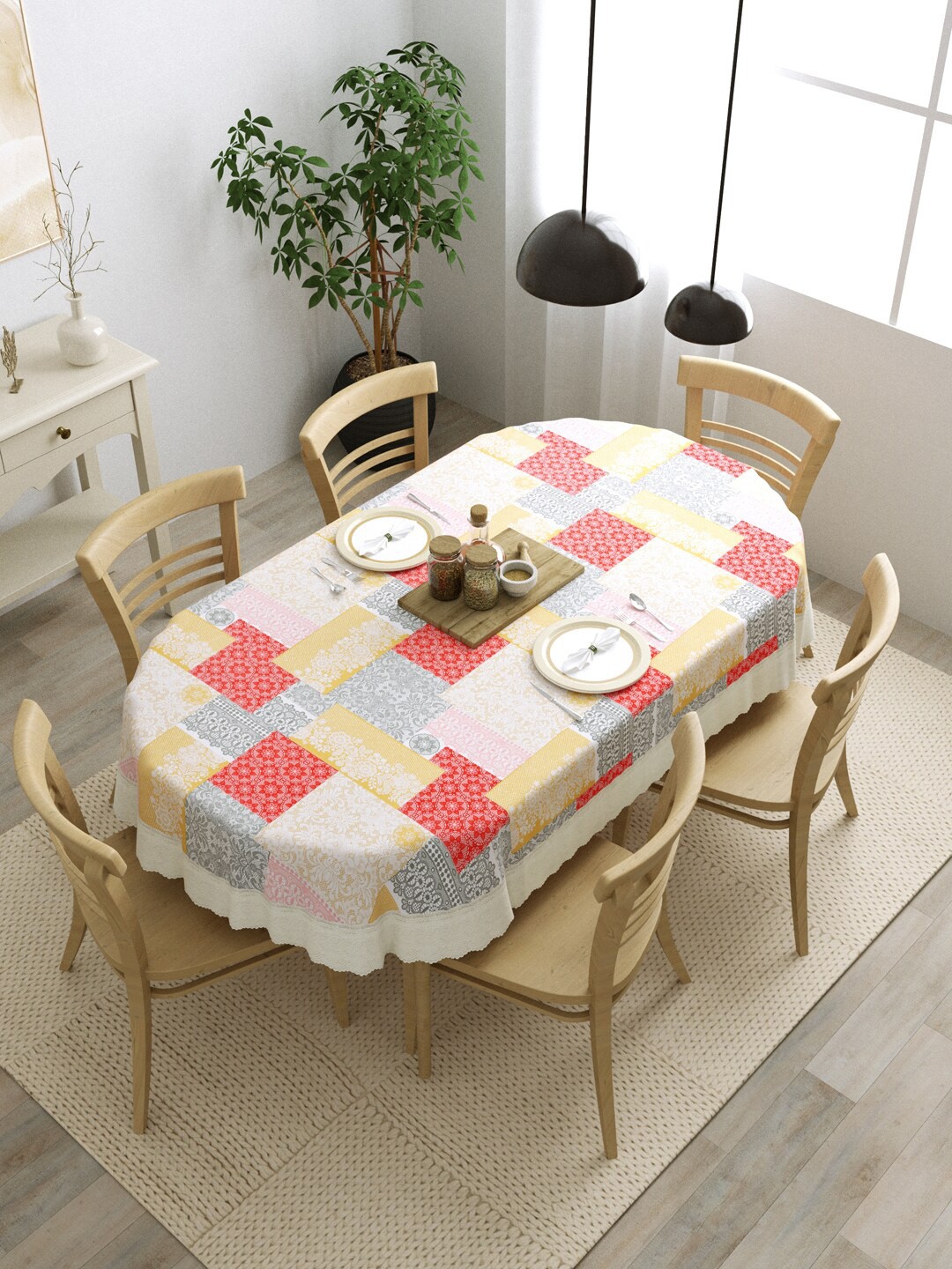 

Clasiko Grey & Pink Printed Oval Shaped 6-Seater Dining Table Cover