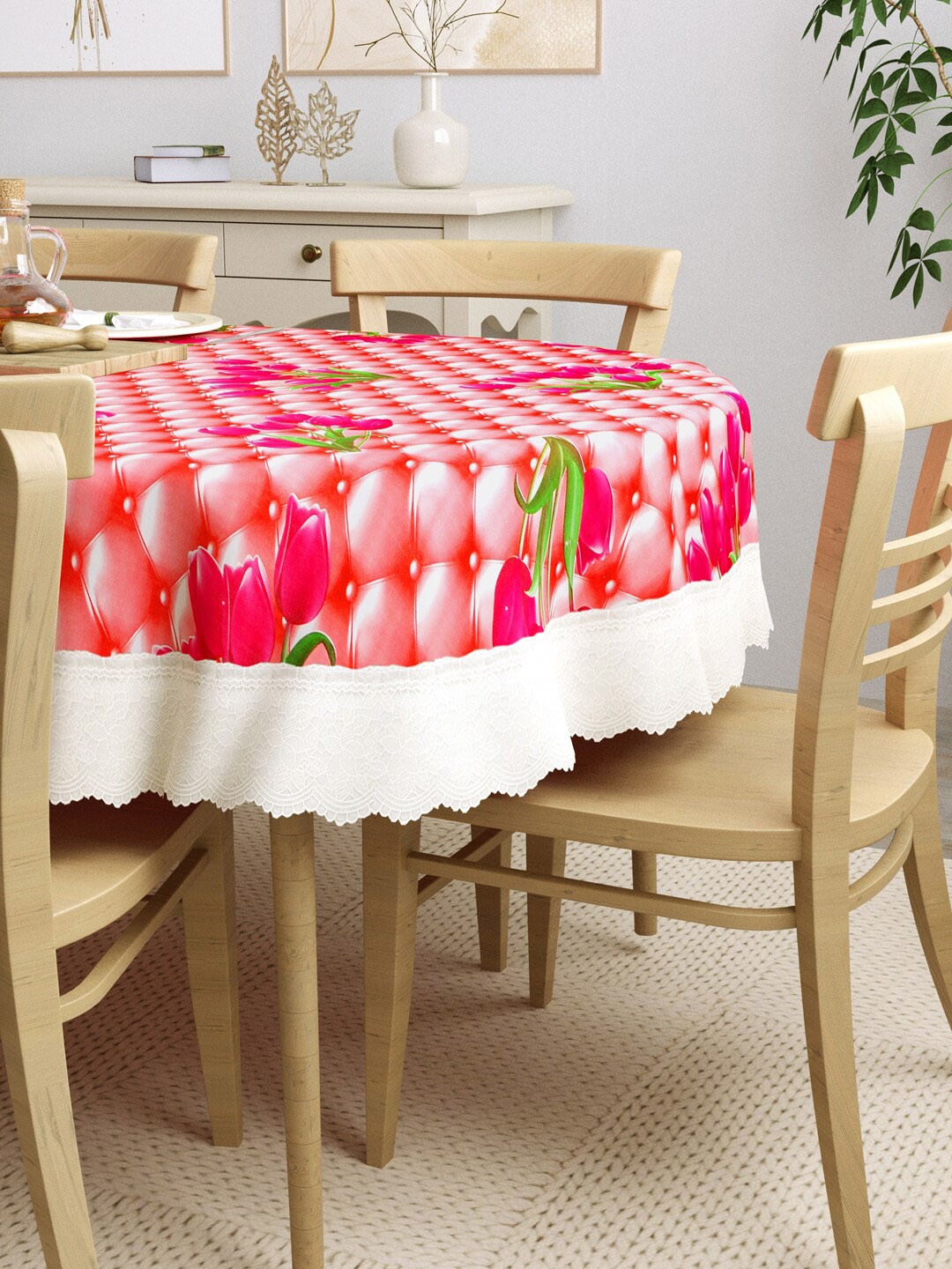 

Clasiko Pink & White Printed Oval Shaped 6-Seater Dining Table Cover