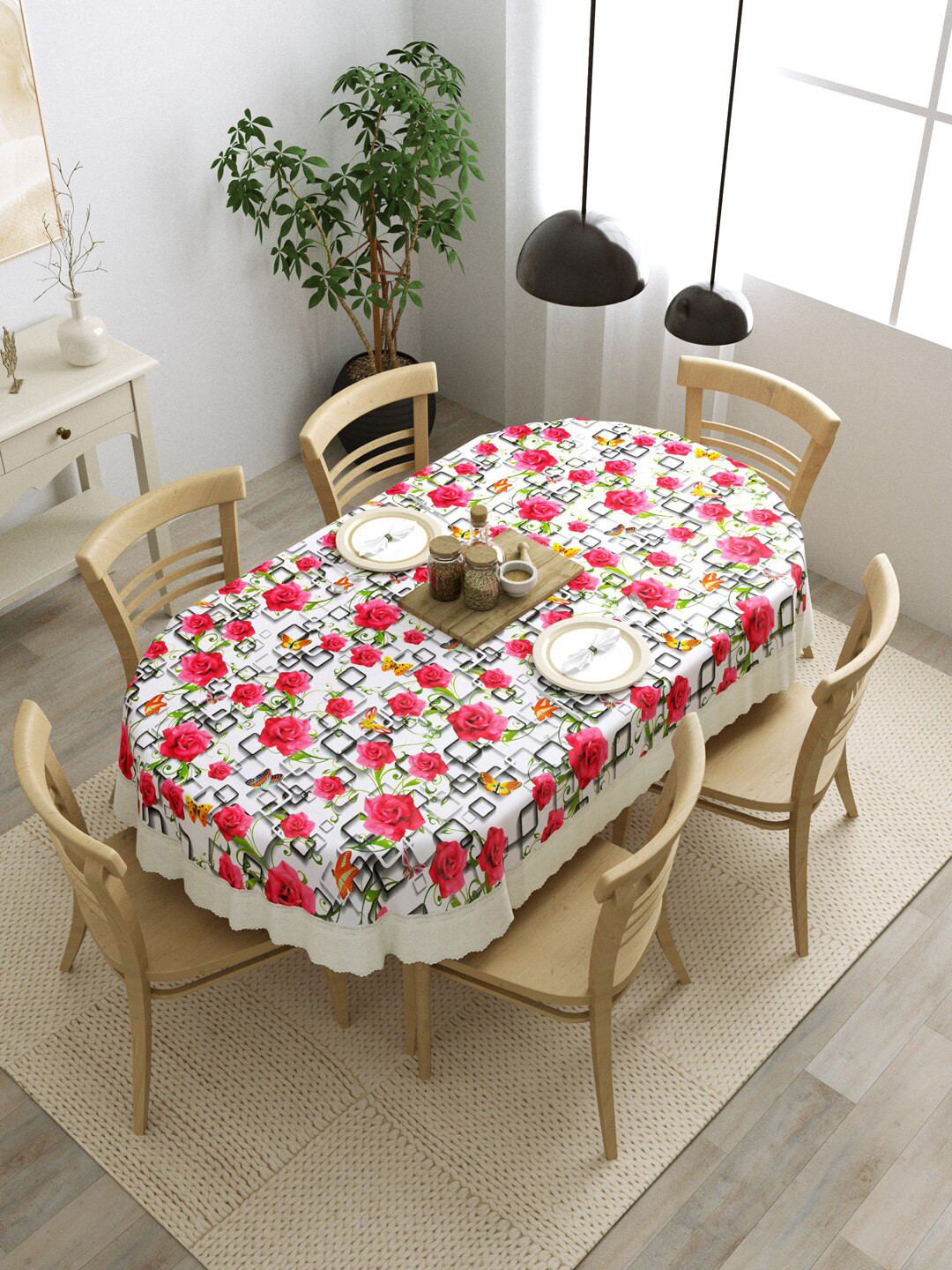 

Clasiko Off-White & Pink Floral Printed Oval Shaped 6-Seater Dining Table Cover