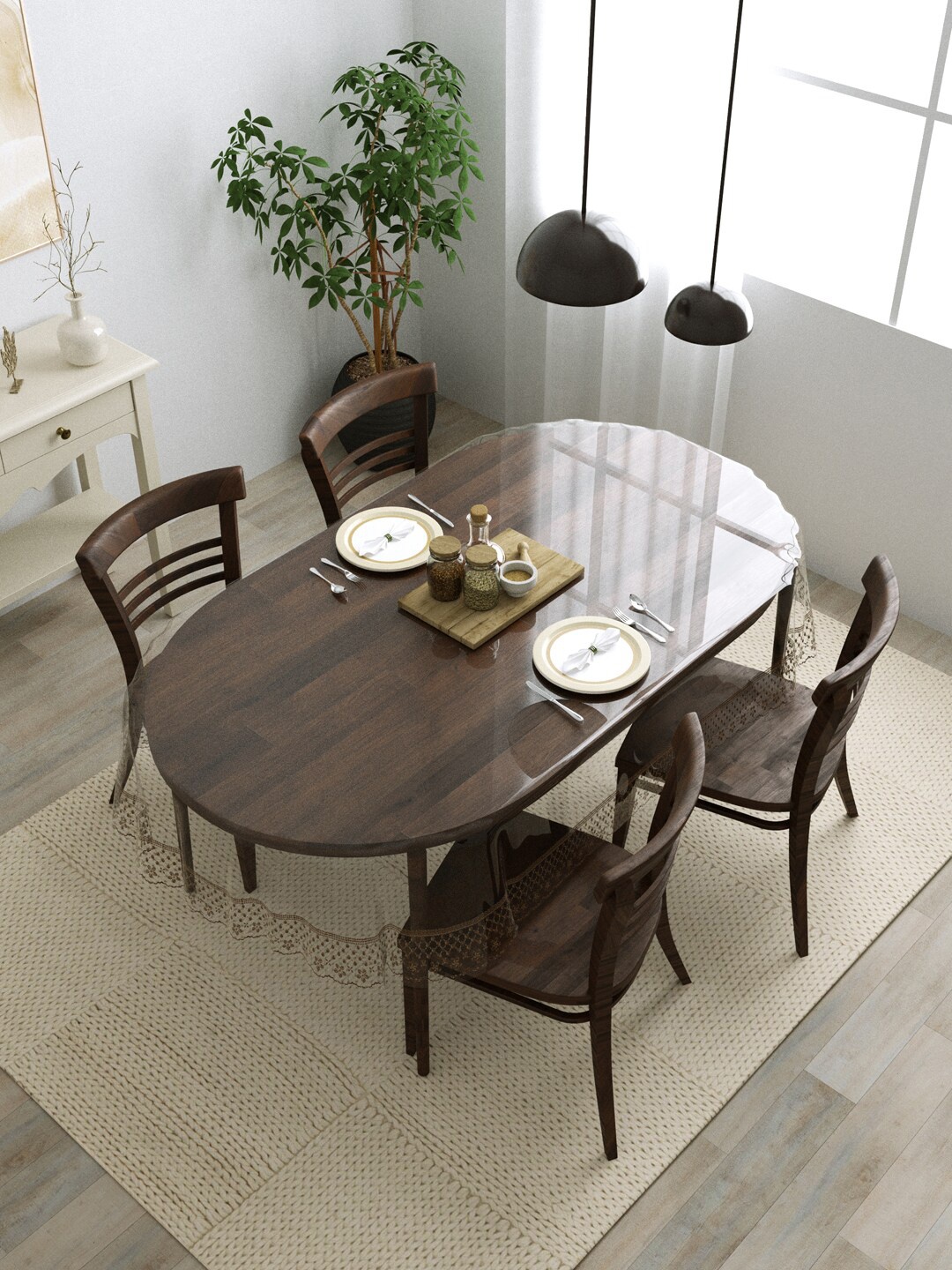 

Clasiko Transparent & Brown Lace Detailed Oval 4-Seater Anti-Slip Dining Table Cover