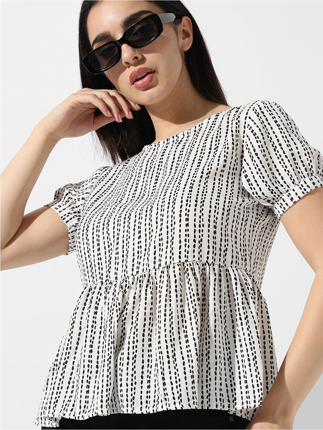 Campus Sutra White Striped Peplum Top