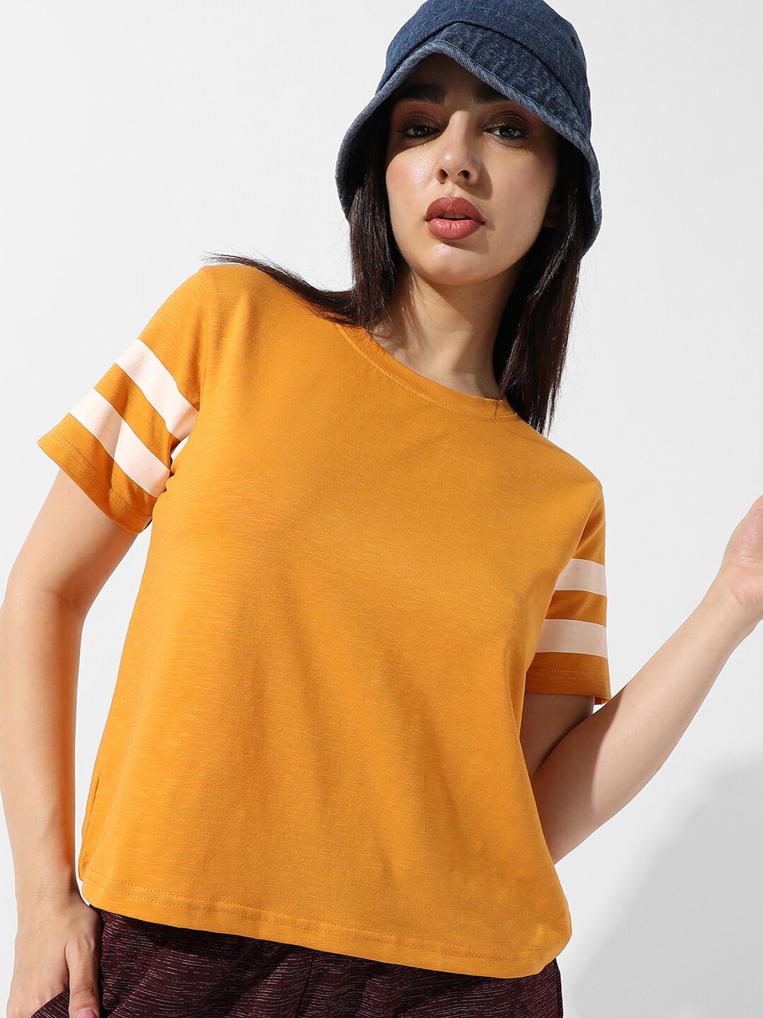 

Campus Sutra Striped Round Neck Polycotton Top, Yellow