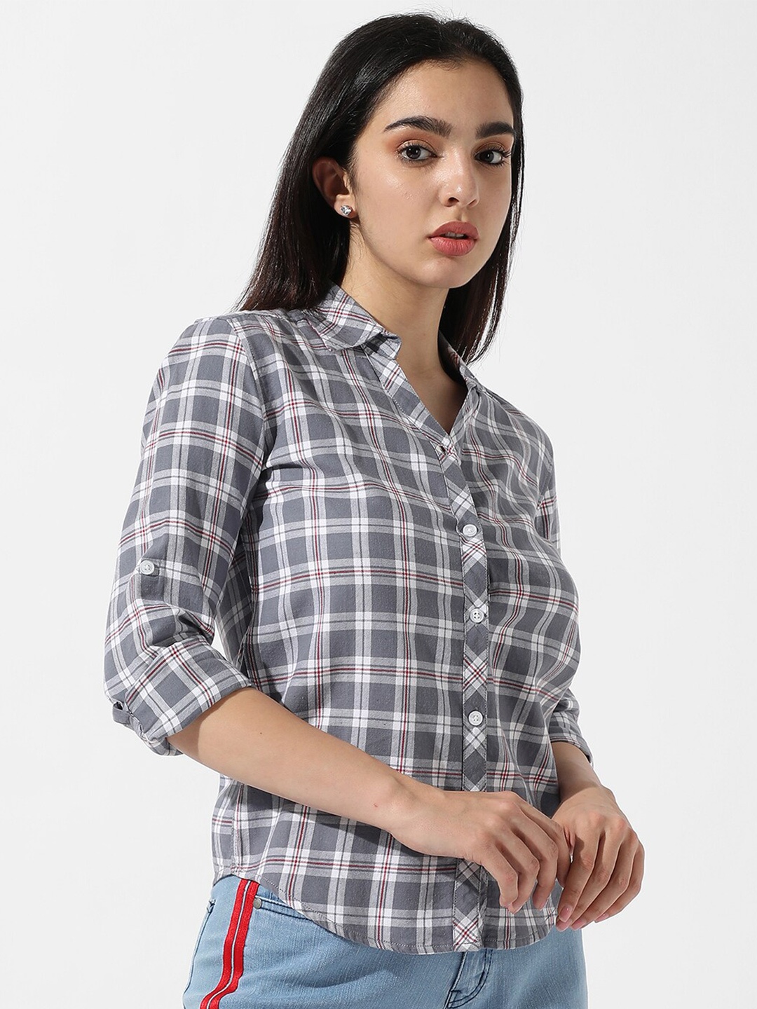 

Campus Sutra Grey Classic Fit Tartan Checks Cotton Casual Shirt