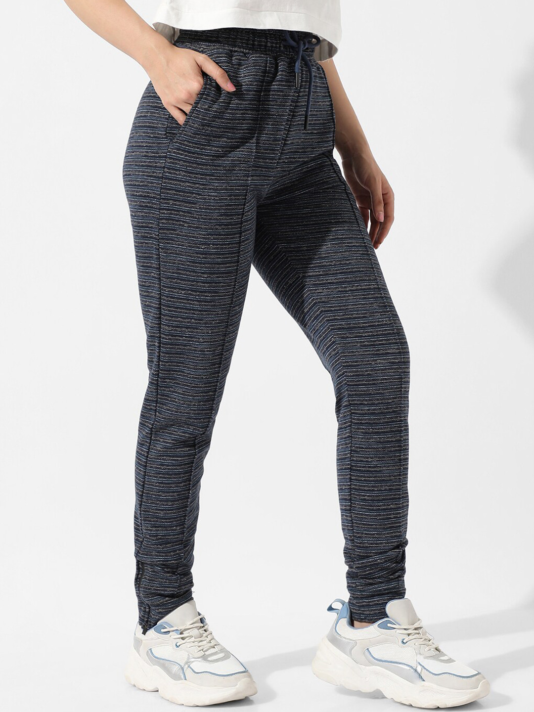 

Campus Sutra Grey Striped Cotton Joggers