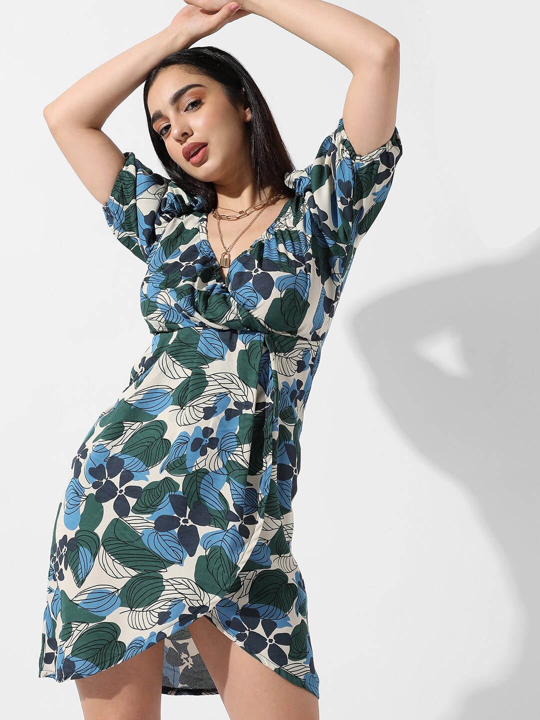 Campus Sutra V-Neck Printed Mini Dress, Blue