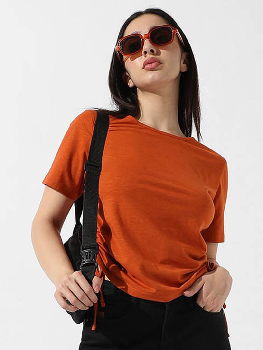 

Campus Sutra Orange Round Neck Bardot Crop Top