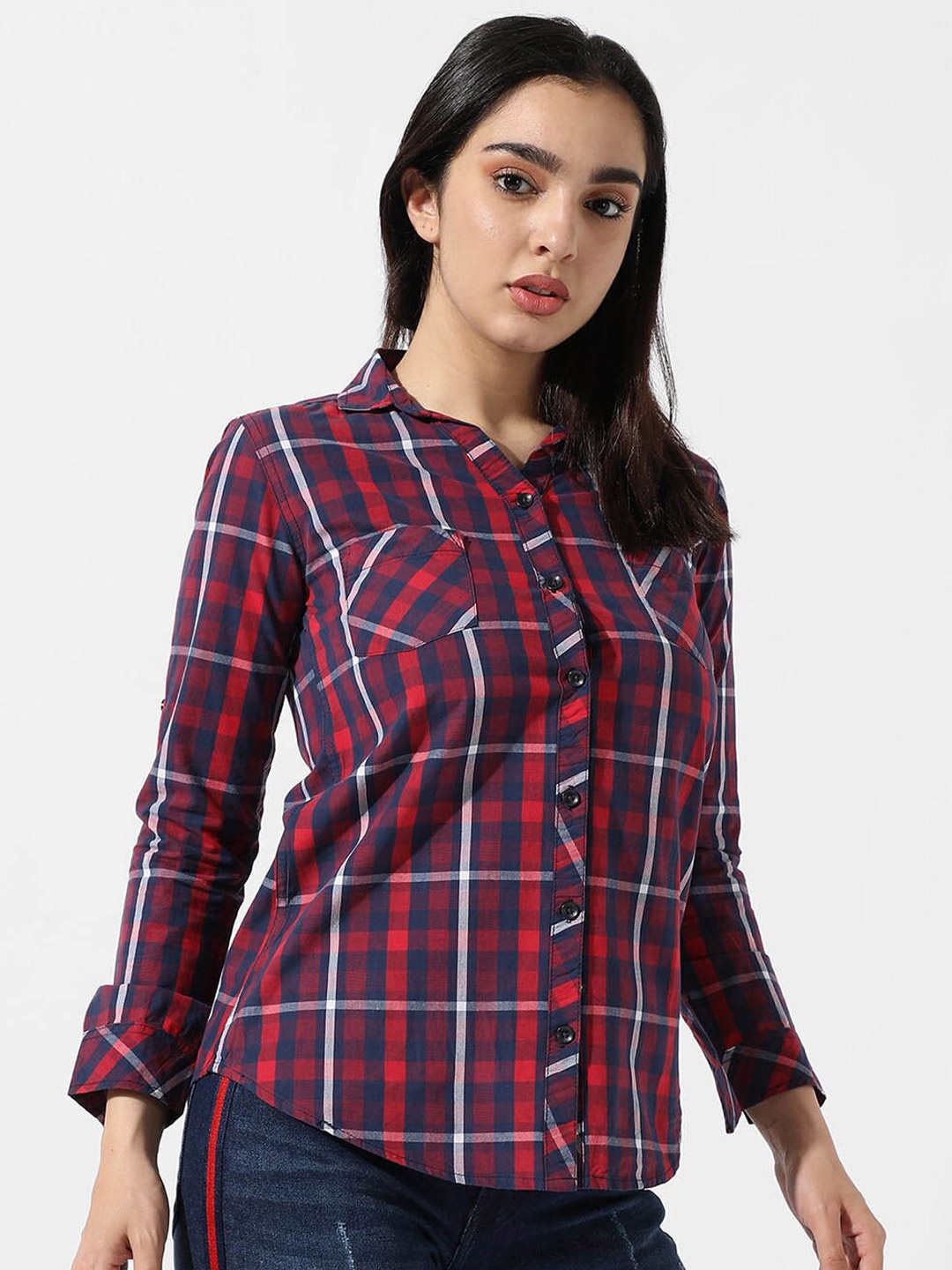 Campus Sutra Red Classic Tartan Checks Cotton Casual Shirt