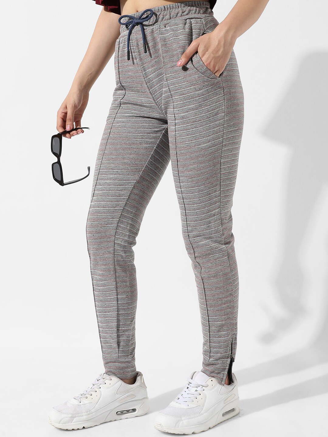 Campus Sutra Grey Striped Cotton Track Pants