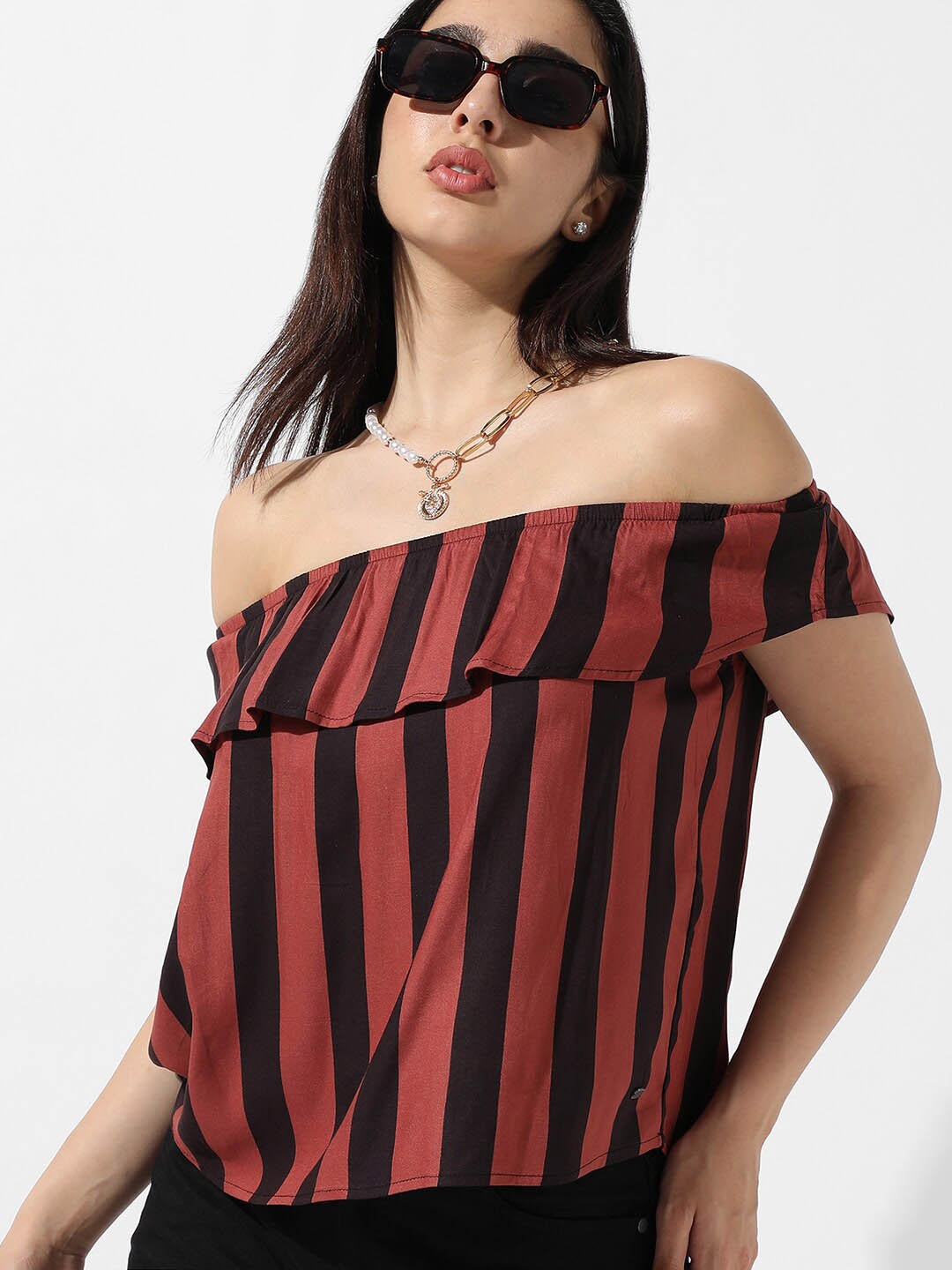 Campus Sutra Black Striped Off-Shoulder Bardot Top