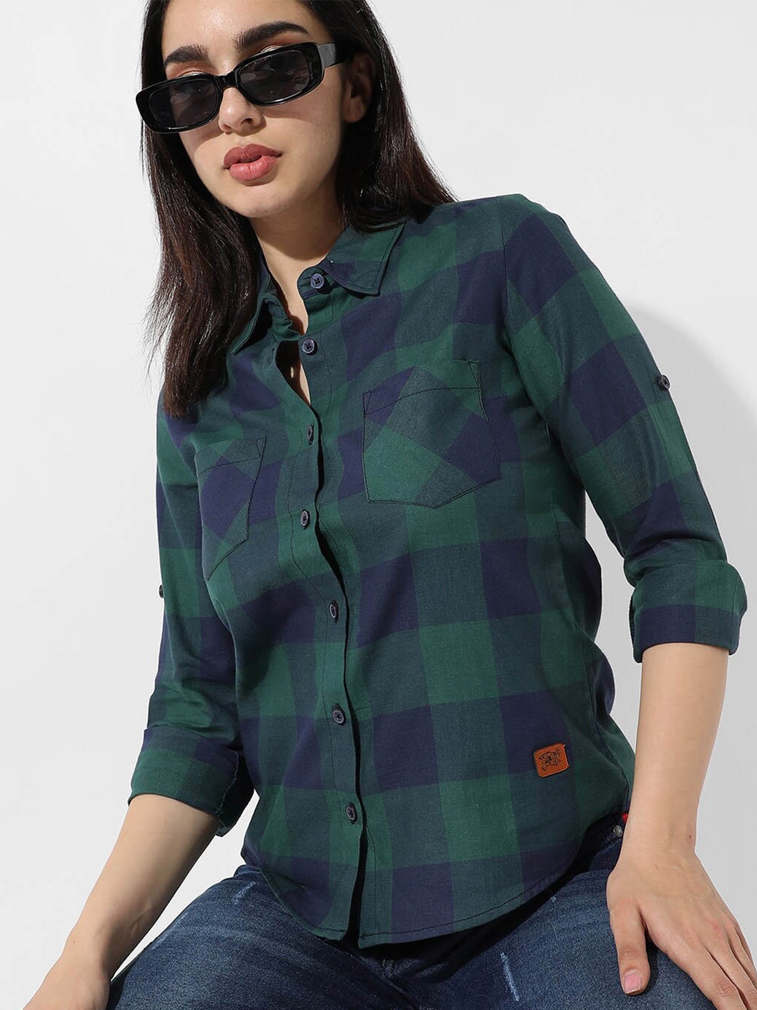 

Campus Sutra Blue Classic Buffalo Checks Cotton Casual Shirt, Green