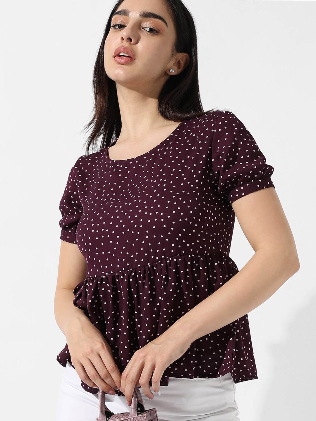 

Campus Sutra Maroon Polka Dots Printed Peplum Top
