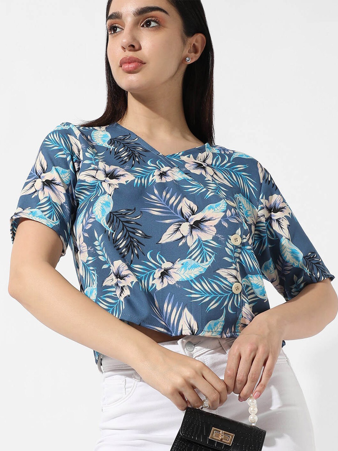 

Campus Sutra Blue Floral Print Wrap Crop Top
