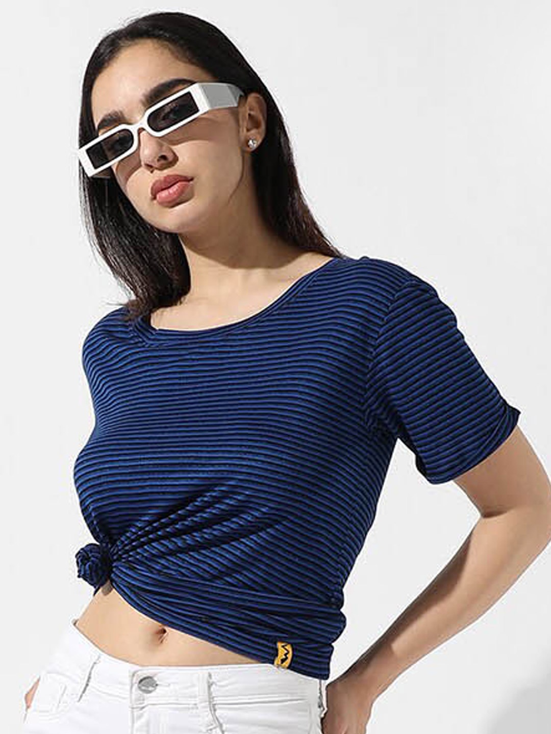 

Campus Sutra Blue Striped Round Neck T-shirt