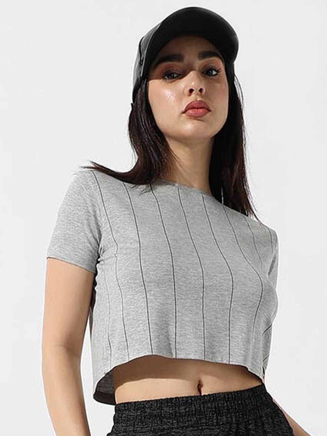 

Campus Sutra Grey Striped Cotton Regular Crop Top