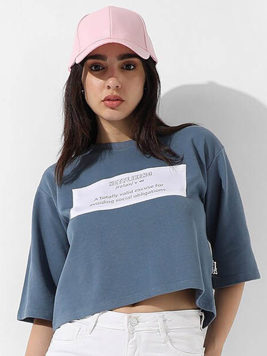 Campus Sutra Blue Typography Print Cotton Crop T-shirt