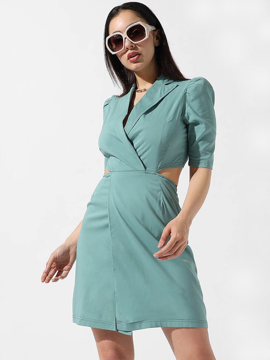 Campus Sutra Lapel Collar Wrap Dress, Green