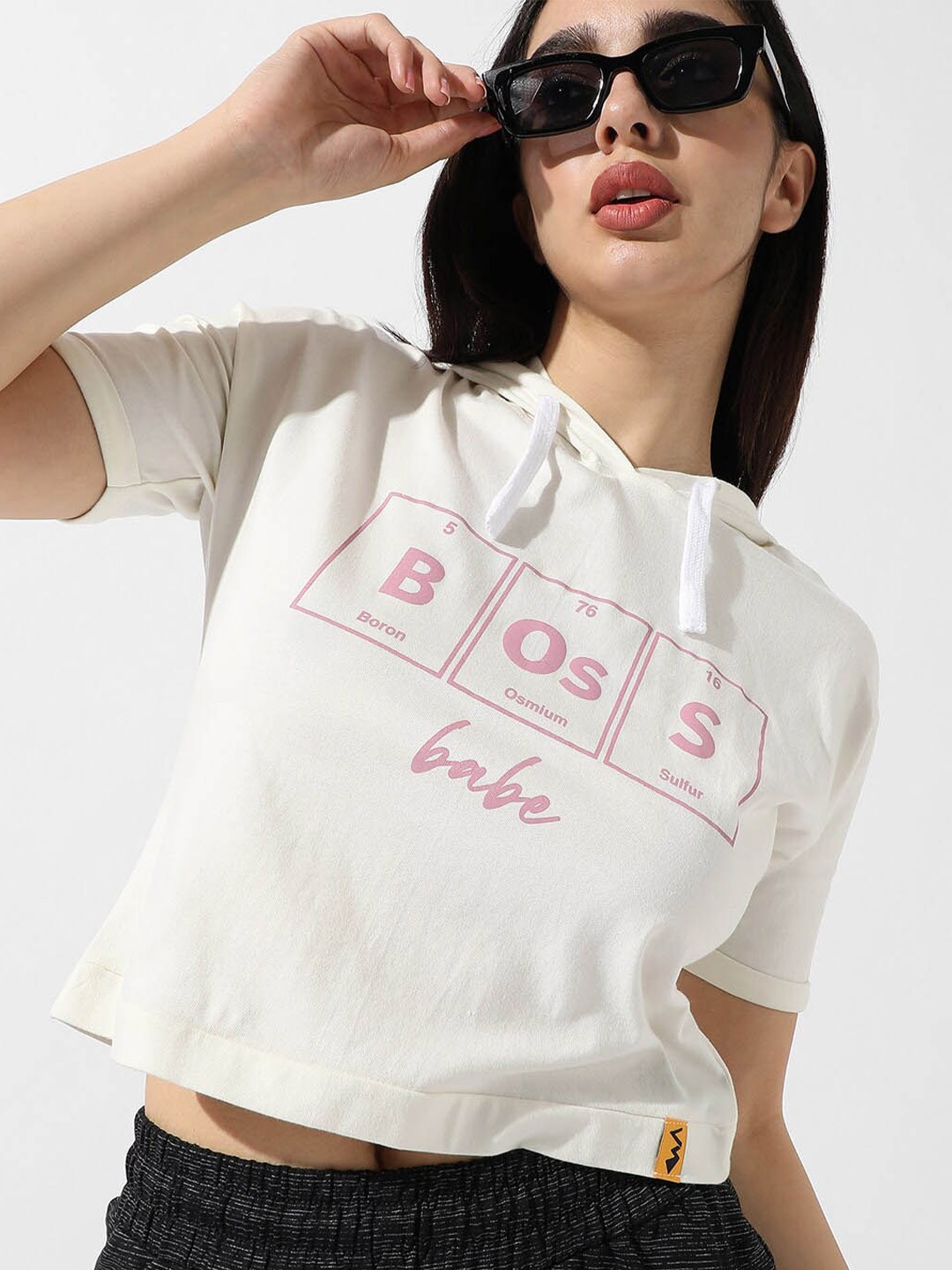 

Campus Sutra White Typography Printed Hooded Extended Sleeves Cotton Crop T-shirt