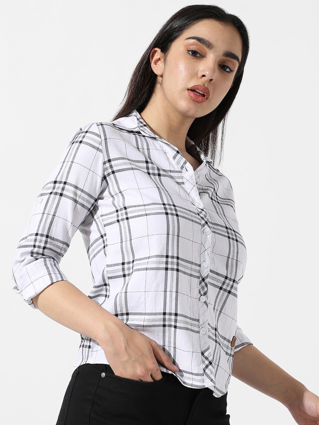 

Campus Sutra White Classic Windowpane Checks Cotton Casual Shirt