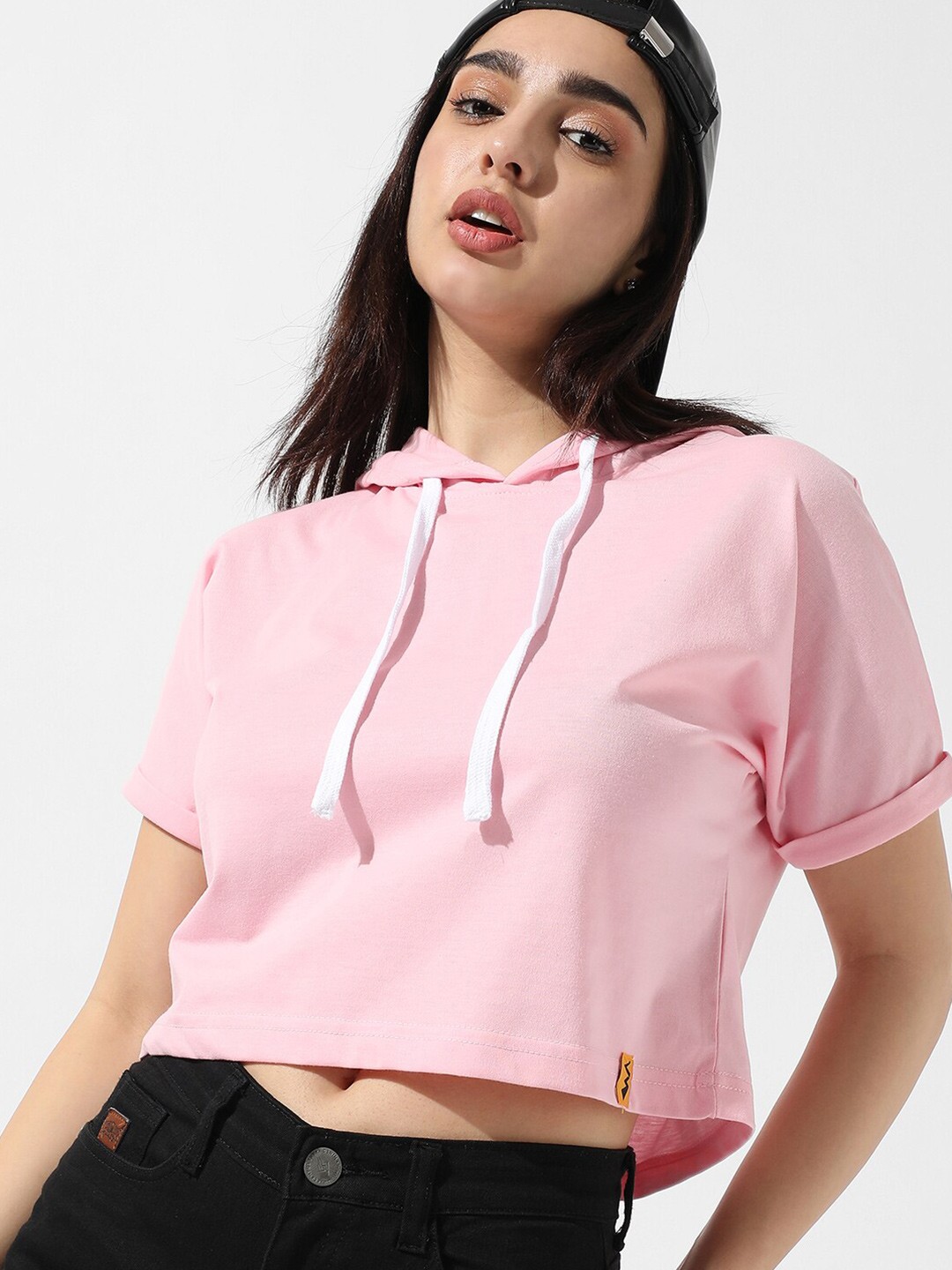 

Campus Sutra Pink Hooded Extended Sleeves Cotton Crop T-shirt