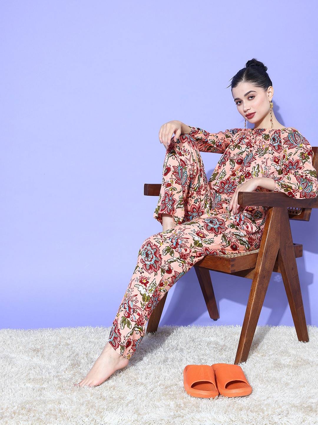 

all about you Peach-Coloured Floral Print Off- Shoulder Top With Trousers