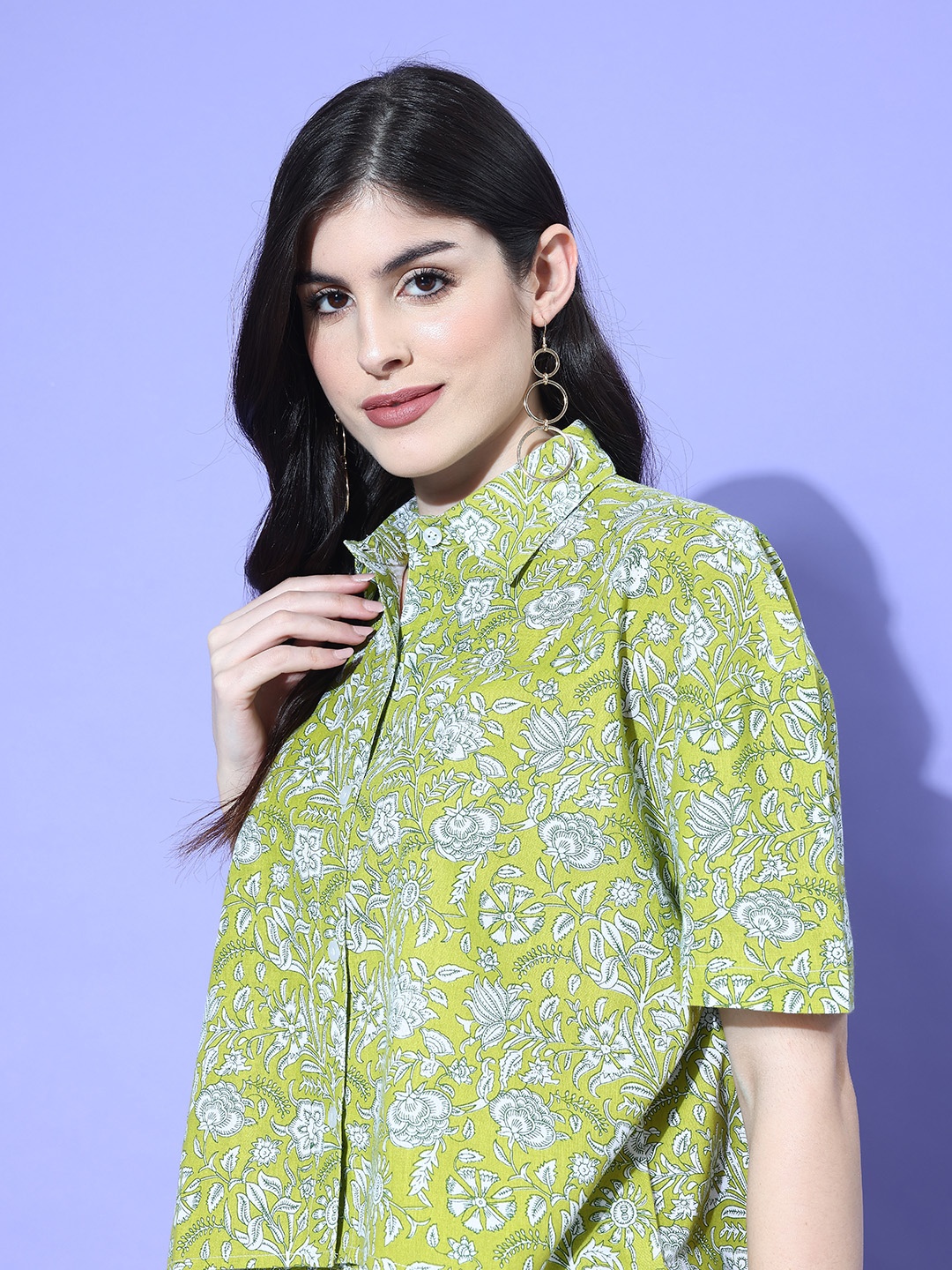 

all about you Green Floral Print Pure Cotton Shirt & Shorts Set