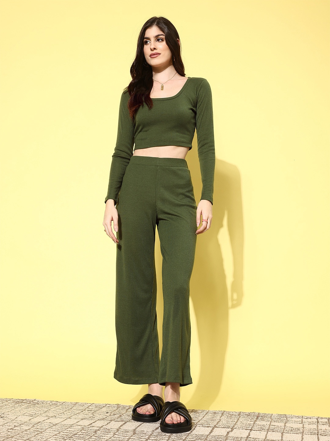 

all about you Women Solid Pure Cotton Top With Trousers, Olive