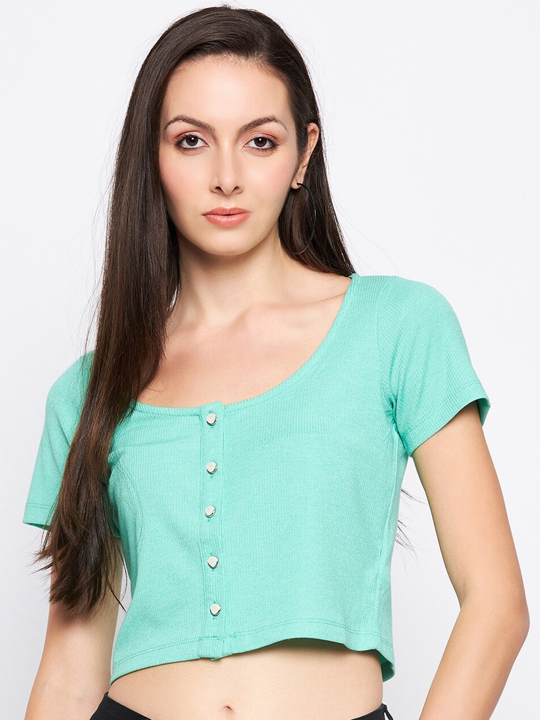 

Madame Shirt Style Cotton Crop Top, Sea green