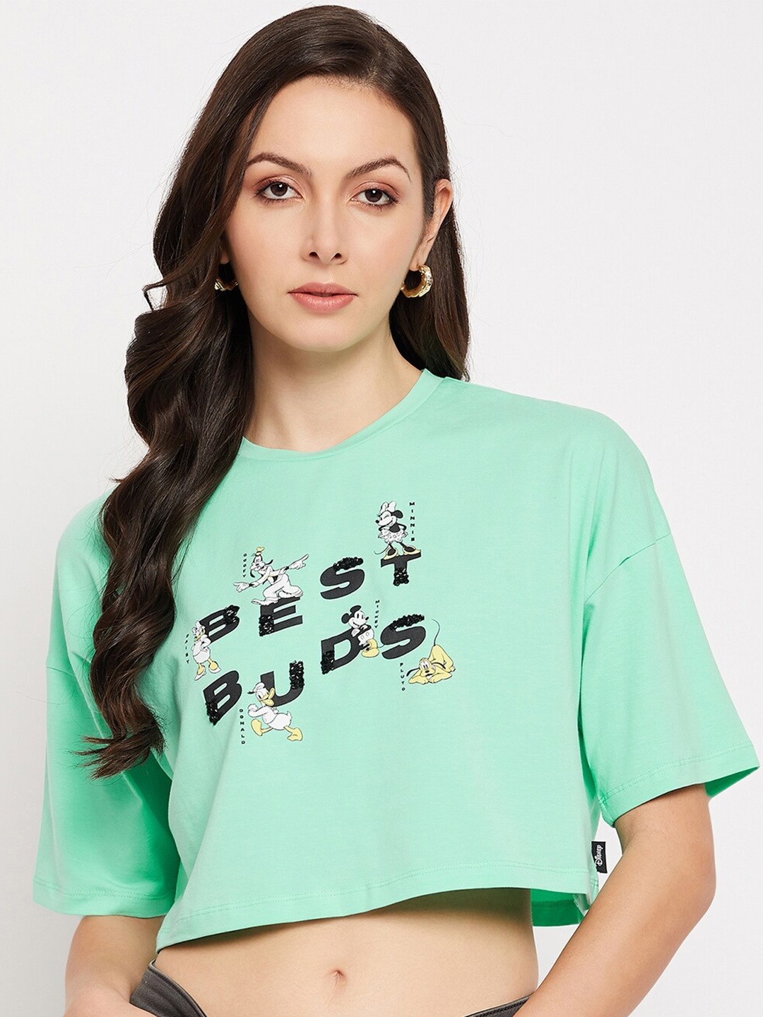 

Madame Typography Printed Mickey Mouse & Friends Cotton Crop Top, Green