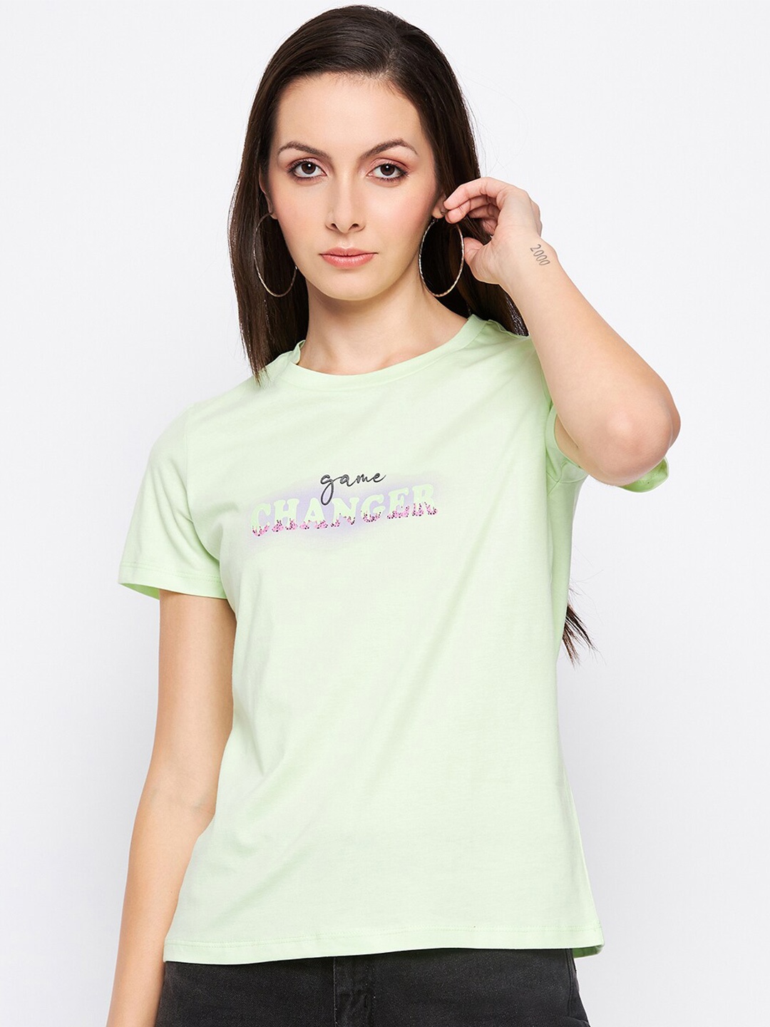 

Madame Typography Printed Cotton Regular Top, Sea green