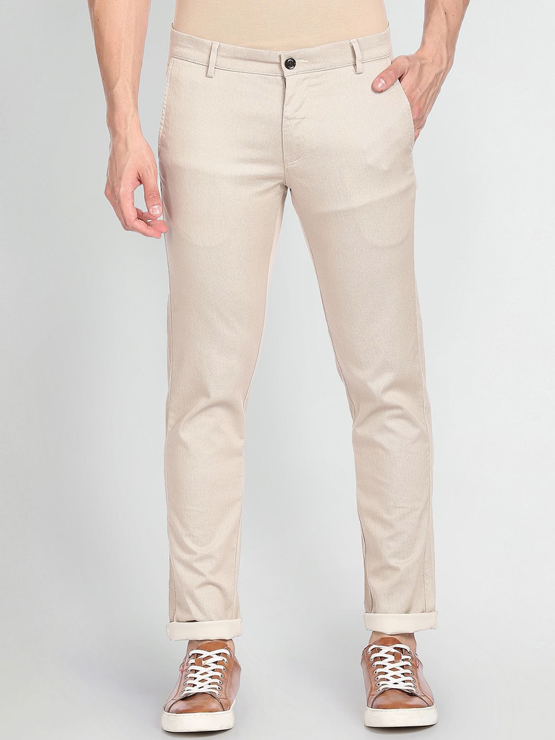 

Arrow Sport Men Geometric Woven Design Slim Fit Low-Rise Chinos Trousers, Beige