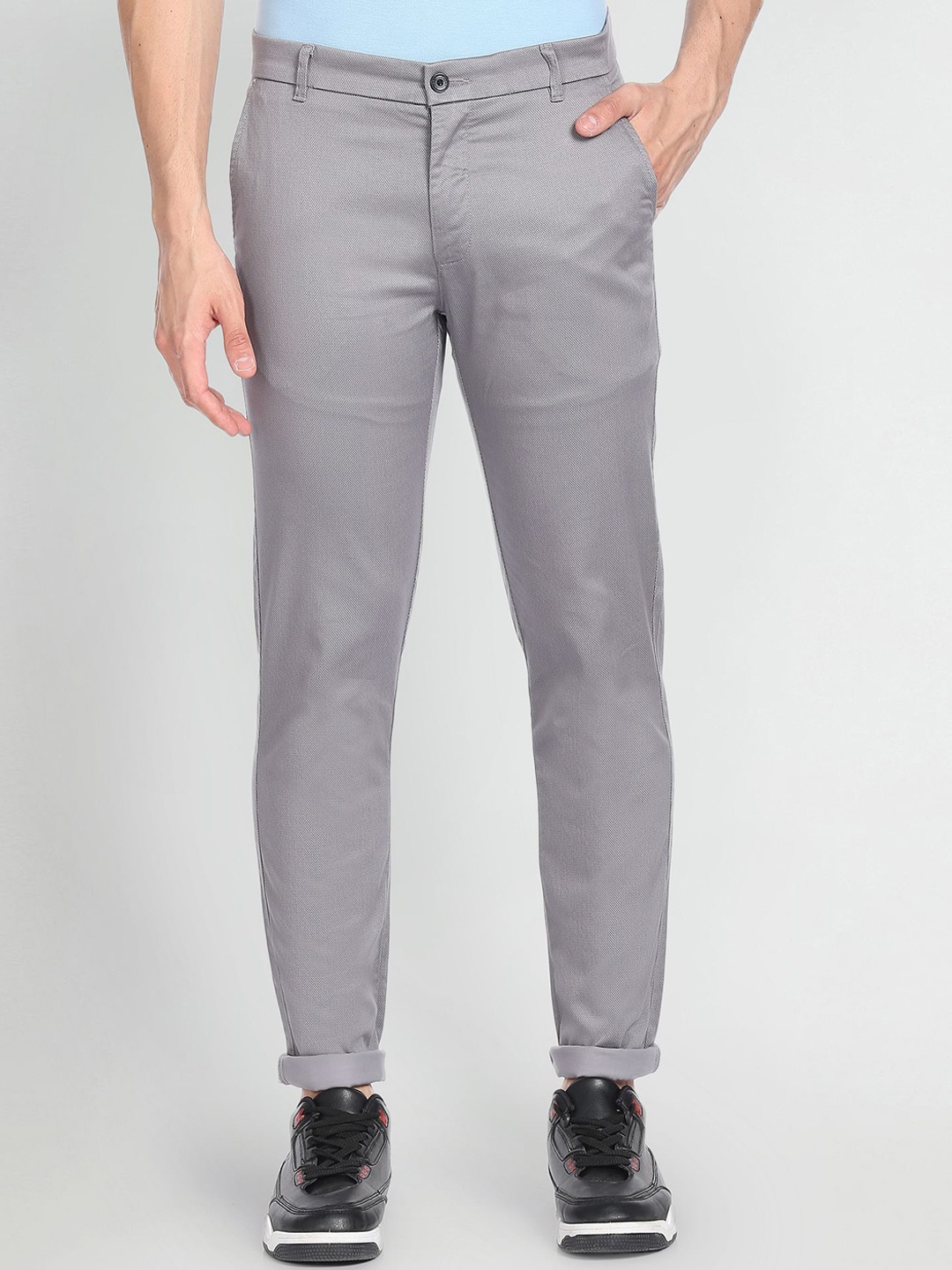 

Arrow Sport Men Self Design Skinny Fit Low-Rise Stretchable Trousers, Grey