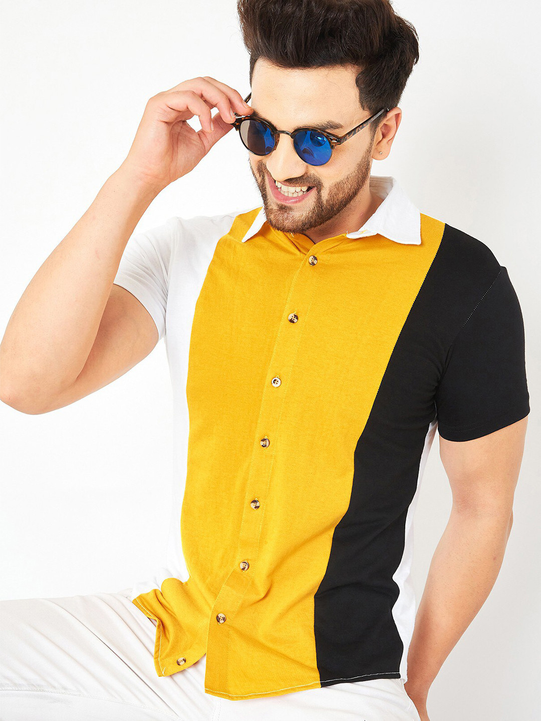 

GESPO Colourblocked Spread Collar Casual Cotton Shirt, Mustard