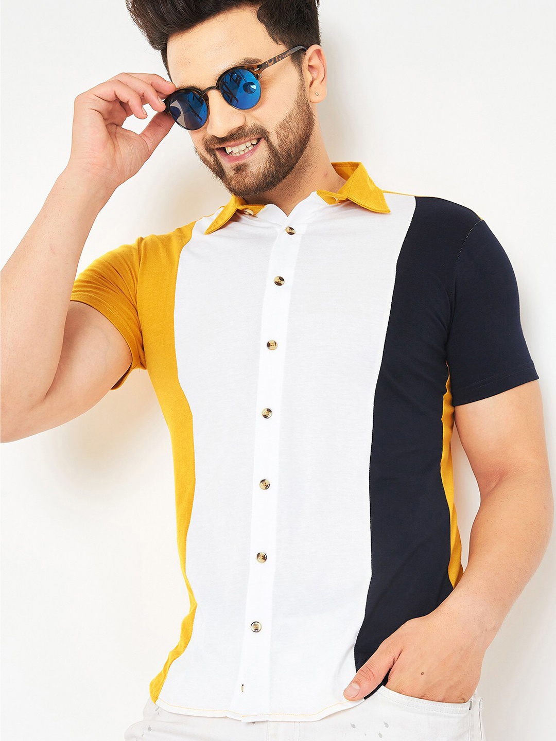 GESPO Colourblocked Spread Collar Casual Cotton Shirt, White