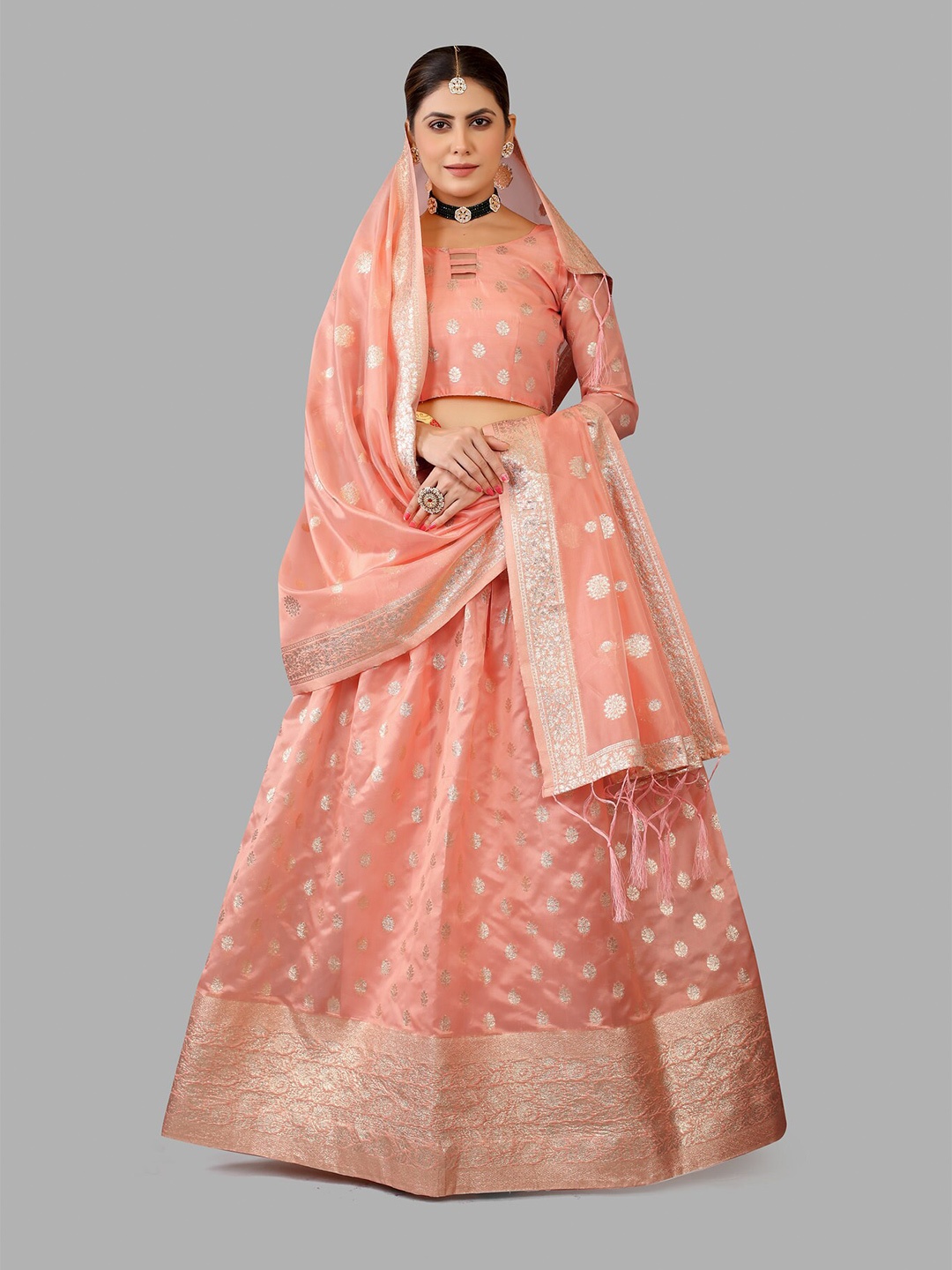 

JATRIQQ Woven Design Semi-Stitched Lehenga & Unstitched Blouse With Dupatta, Peach